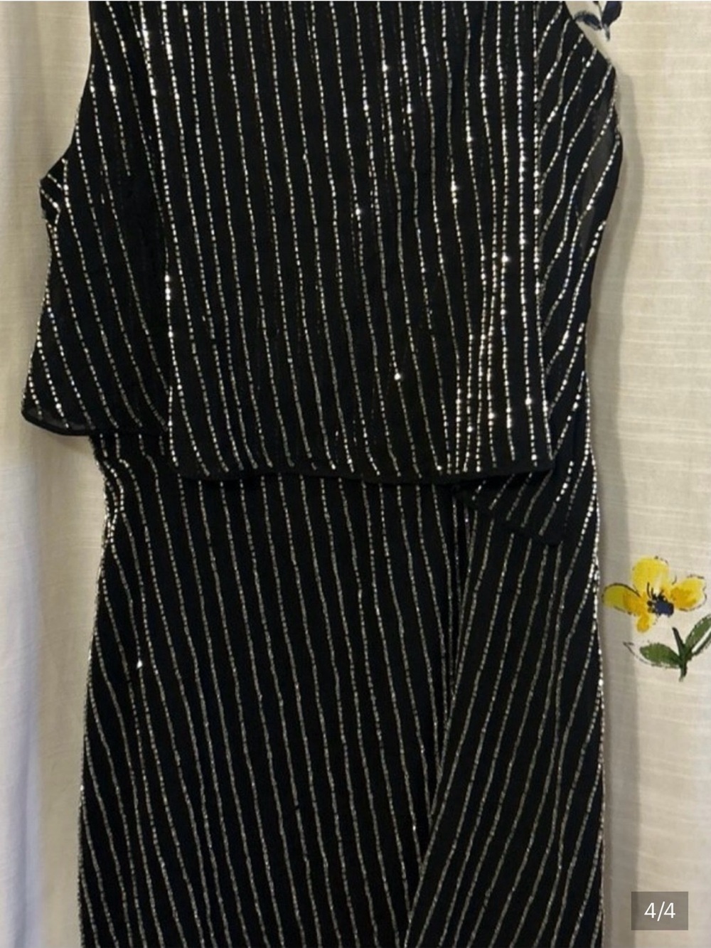 One-Shoulder Black Dress with Silver Pinstripes